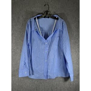 Akira Blouse Women Large Blue Striped Jeweled Button Down Career office Business